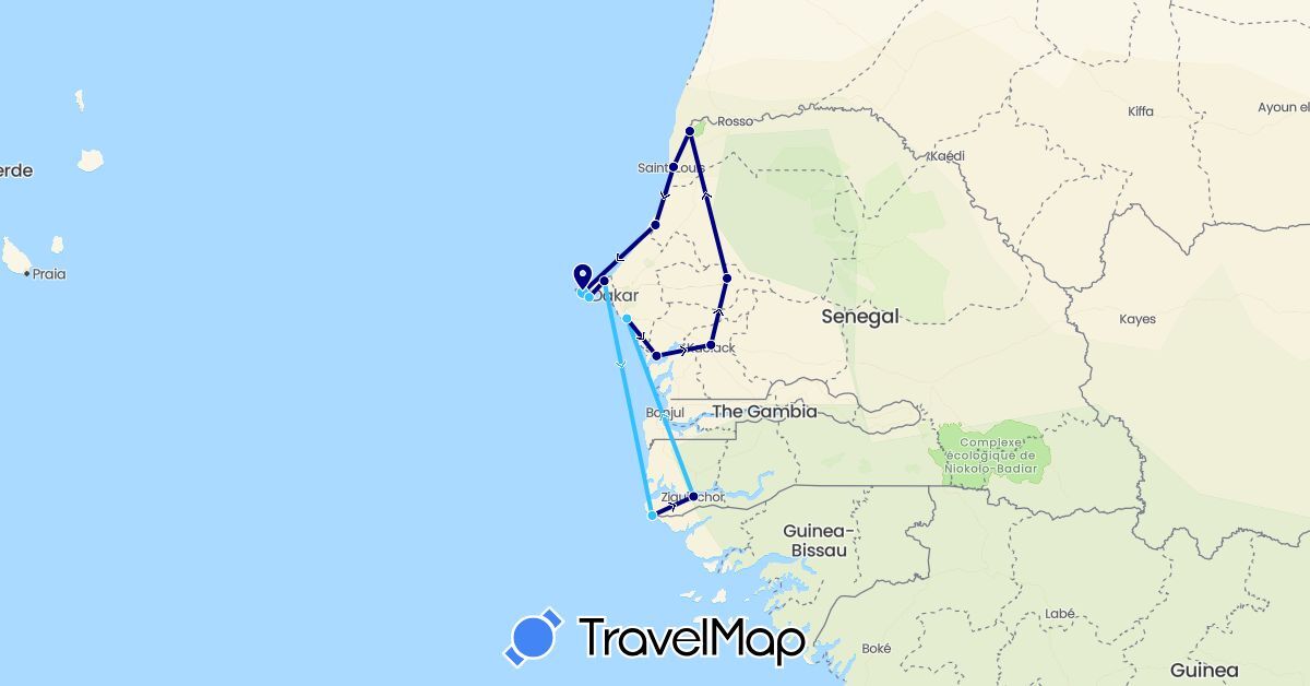TravelMap itinerary: driving, boat in Senegal (Africa)